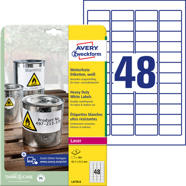AVERY ZWECKFORM Etiketten Laser 45,7x21,2mm L47788 weiss, wetterfest 8 Blatt