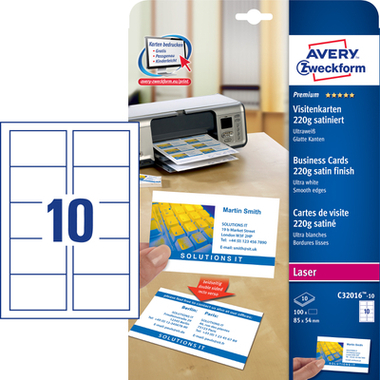 AVERY ZWECKFORM Cartes de visite unversel A4 C32016-10 220g satiné 10 feuilles