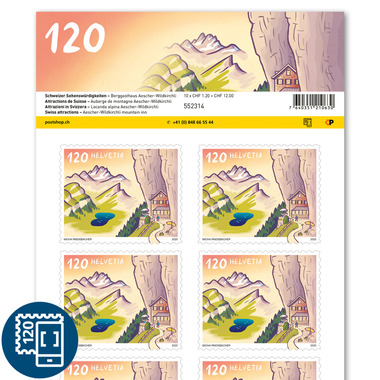 Briefmarken CHF 1.20 «Berggasthaus Aescher-Wildkirchli», Bogen mit 10 Marken Bogen «Schweizer Sehenswürdigkeiten», selbstklebend, ungestempelt