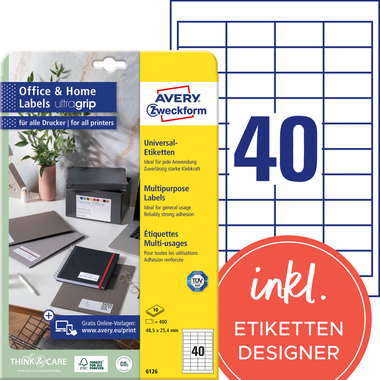 AVERY ZWECKFORM Etiquettes 48,5x25,4mm 6126 blanc 400 pcs./10 flls.