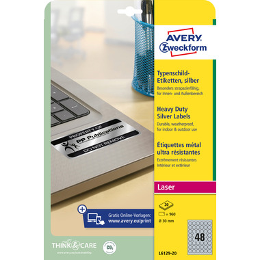 AVERY ZWECKFORM Typenschild Label 30mm L612920 silber,rund 960 Stück/20 Blatt