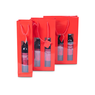 Flaschentragetasche mit Sichtfenster & Kordel in glänzendem Rot 270x90x380mm