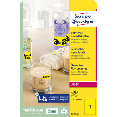 AVERY ZWECKFORM Etiketten 210x297mm L6006-25 gelb,non-perm. 25 Stk./25 Bl.