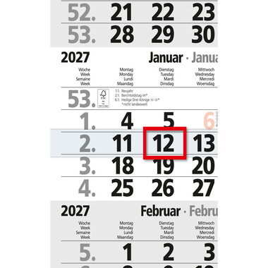BÜHNER Calendrier de 4 mois 2027 M4MF-R-BLOCK ML 30x59cm
