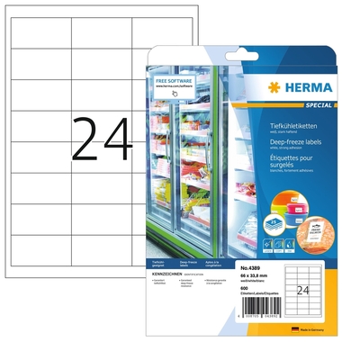 HERMA Tiefkühletiketten 66x33.8mm 4389 weiss,perm. 600 St./25 Bl.