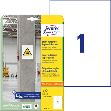 AVERY ZWECKFORM Etiquettes Univ. 210x297mm L7877-20 20 Blatt 20 feuilles