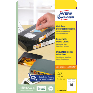 AVERY ZWECKFORM Disketten-Etiketten 70x50,8mm L4738REV-25 non-perm. 250 Stk./25 Bl.