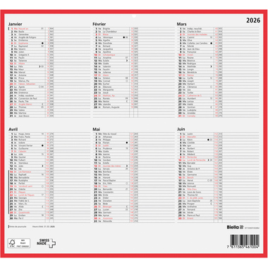 BIELLA Wandkalender 2026 871006910026U 6M/1S rot/weiss FR 32x29.7cm