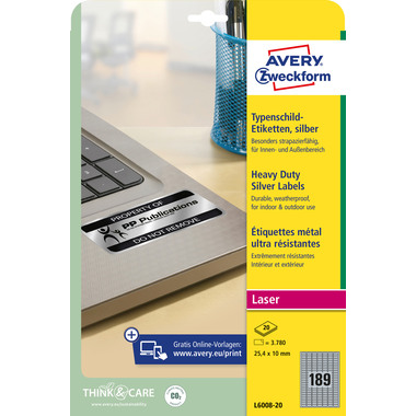 AVERY ZWECKFORM Typenschild-Labels 25,4x10mm L6008-20 silber, Laser 3780 St./20 Bl.