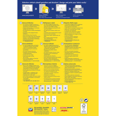 AVERY ZWECKFORM Etichette universale 70x42,3mm 3652-10 bianco 210 pz./10 fogli