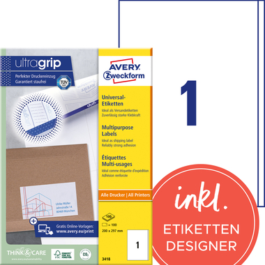 AVERY ZWECKFORM Etiketten 200x297mm 3418 weiss 100 Stk./100 Blatt