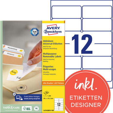 AVERY ZWECKFORM Étiquett. univers. 99,1x42,3mm L4743REV-100 blanc,non-perm. 1200p./10 fl.