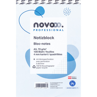 NOVOOO Carnet de notes recycling A5 731511 quadrillé 4mm, 70g 2x100 flls.