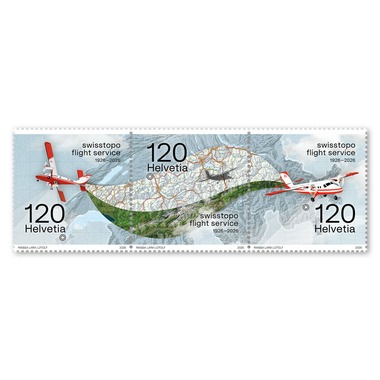 Francobolli Serie «100 anni Servizio di volo swisstopo» Serie (3 francobolli, valore facciale CHF 3.60), gommatura, senza annullo