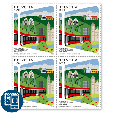 Bloc de quatre «150 ans des Chemins de fer appenzellois» Bloc de quatre (4 timbres, valeur d'affranchissement CHF 4.80), gommé, non oblitéré