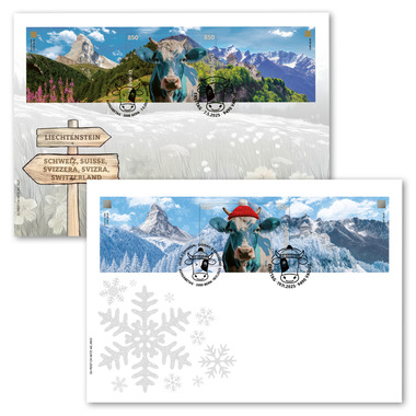 Bundle Sonderumschläge Crypto Stamps CHLI + CHLI 2.0, Blau Bundle Einzelmarken (4 Marken, Taxwert CHF 34.00) auf 2 Sonderumschlägen C5, gestempelt