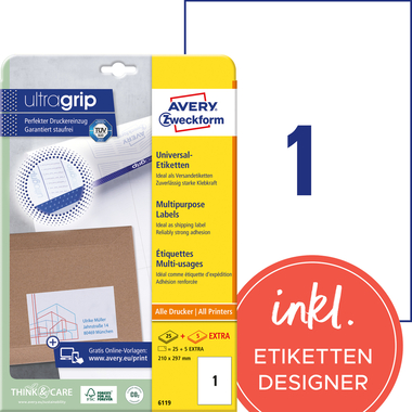 AVERY ZWECKFORM Universal-Etikett. 210x297mm 6119 weiss 30 Stk./25 + 5 Blatt