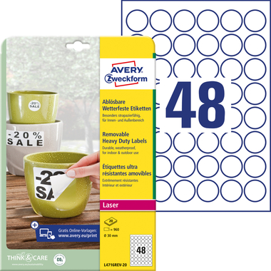 AVERY ZWECKFORM Etiketten Laser 30mm L4716REV2 weiss, non-perm. 20 Blatt