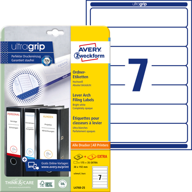 AVERY ZWECKFORM Costa per cartella 38x192mm L4760-25 bianco 210 pz./25 + 5 fogli