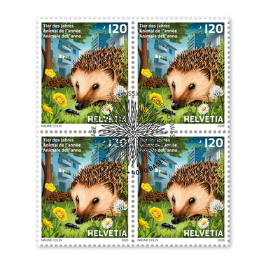 Viererblock «Tier des Jahres 2026 – Braunbrustigel» Viererblock (4 Marken, Taxwert CHF 4.80), selbstklebend, gestempelt