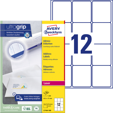 AVERY ZWECKFORM Etiquettes adress. 63,5x72mm 7164-100 blanc 1200 pcs./100 flls.