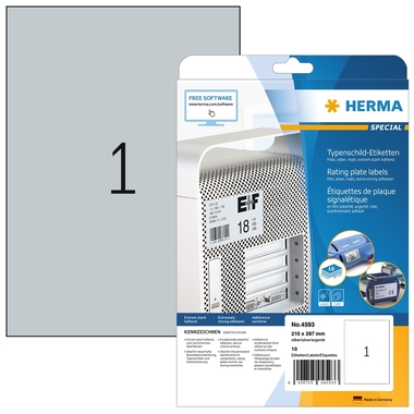 HERMA Typenschild-Etik. 210x297mm 4593 silber,PP matt 10 Stk./10 Bl.