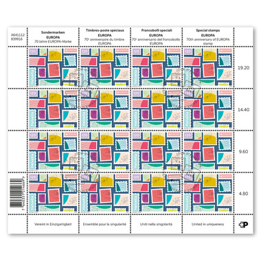 Stamps CHF 1.20 «United in uniqueness», sheet with 16 stamps Sheet «EUROPA – 70th anniversary of EUROPA stamp», gummed, cancelled