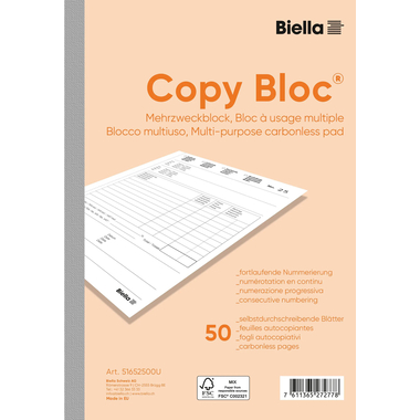 BIELLA Mehrzweck.COPY-BLOC D/F/I/E A5 51652500U selbstdurchschreib. 50x2 Blatt