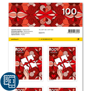 Briefmarken CHF 1.00 «Dankeschön», Bogen mit 10 Marken Bogen «Spezielle Anlässe», selbstklebend, ungestempelt