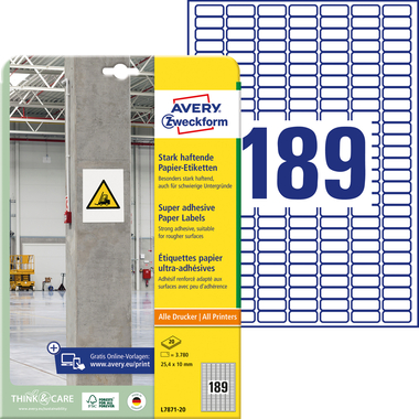 AVERY ZWECKFORM Etichette Univ. 25.4x10mm L7871-20 bianco, strong 20 fogli