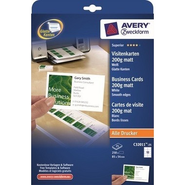 AVERY ZWECKFORM Carte de visite mat 85x54mm C32011-25 Univer.200g,blanc 25f./10pcs.