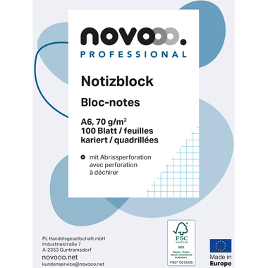 NOVOOO Notizblock weiss A6 694728 kariert 4mm, 70g 3x100 Blatt
