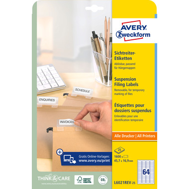 AVERY ZWECKFORM Etiketten 45,7x16,9mm L6021REV2 Sichtreiter 1600 Stück