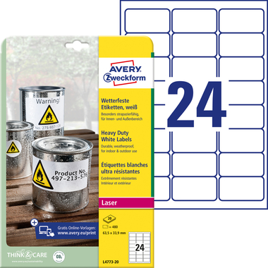 AVERY ZWECKFORM Étiquettes perm. 63,5x33,9mm L4773-20 Film, résistant 480pcs./20fl.