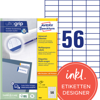 AVERY ZWECKFORM Étiquett. univers. 52,5x21,2mm 3668 blanc 5600 pcs./100 flls.