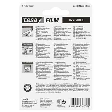 TESA Tesafilm 19mmx10m 57649-00001 invisible 2 Rollen