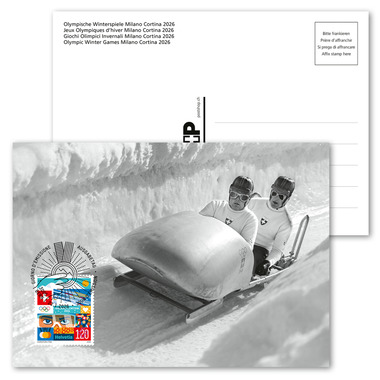 Maximum card «Olympic Winter Games Milano Cortina 2026» Unfranked A6 picture postcard with stamp affixed and cancelled on the front «Olympic Winter Games Milano Cortina 2026»