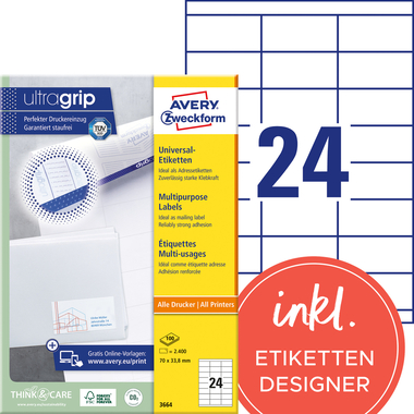 AVERY ZWECKFORM Etiketten 70×33,8mm 3664 weiss 2400 Stk./100 Blatt