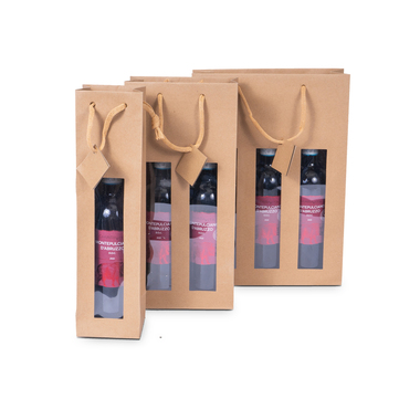 Bottle carrier bag with window & cord in natural 98x88x380mm