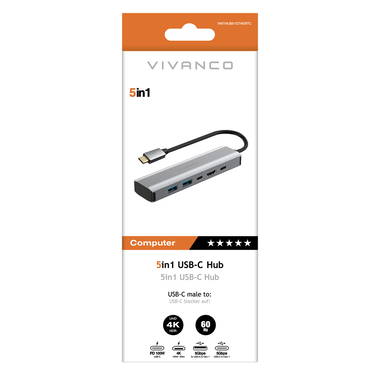 5-in-1 USB-C Hub, HDMI/2xUSB-C/2xUSB-A, 3TB, Aluminium | Vivanco