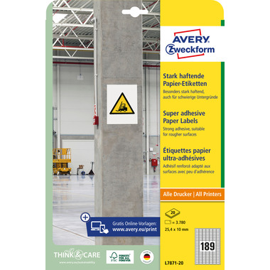 AVERY ZWECKFORM Etichette Univ. 25.4x10mm L7871-20 bianco, strong 20 fogli