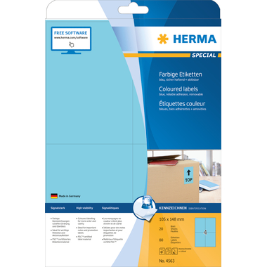 HERMA Etiketten SPECIAL 105x148mm 4563 blau,non-perm. 80 St./20 Bl.