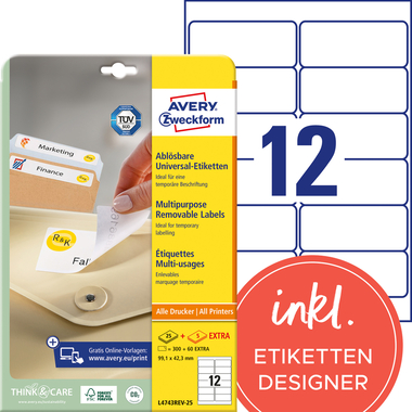 AVERY ZWECKFORM Étique. univers. 99,1x42,3mm L4743REV-25 blanc 360 pcs./25 + 5 flls.