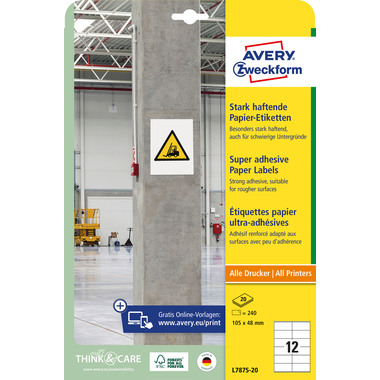 AVERY ZWECKFORM Etiketten Universal 105x48mm L7875-20 weiss, stark haftend 20 Blatt