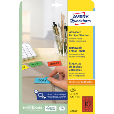 AVERY ZWECKFORM Étiquettes 25,4x10mm L6036-20 rouge 3780pcs./20fl.