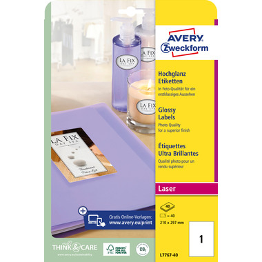 AVERY ZWECKFORM Etiketten A4 L7767-40 weiss, glossy 40 Stück
