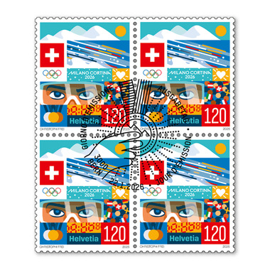 Viererblock «Olympische Winterspiele Milano Cortina 2026» Viererblock (4 Marken, Taxwert CHF 4.80), selbstklebend, gestempelt