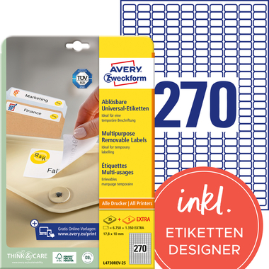 AVERY ZWECKFORM Universal-Etikett. 17,8x10mm L4730REV-25 weiss 8100 Stk./25 + 5 Blatt