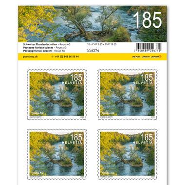 Stamps CHF 1.85 «Reuss AG», Sheet with 10 stamps Sheet «Swiss river landscapes», self-adhesive, mint