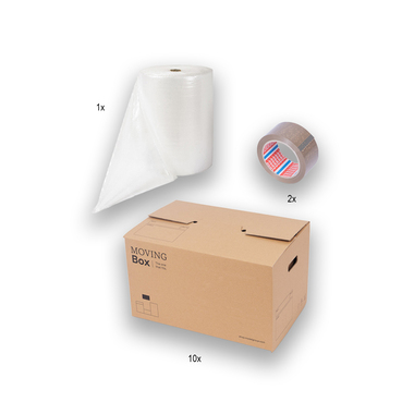 Kit de déménagement 1 avec 10 cartons de déménagement, 1 rouleau de papier bulle (100 m) et 2 rouleaux de ruban adhésif